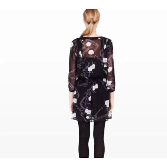 Club Monaco Roanna Dress Womens 4 Black Floral Silk Long Sleeve Mini Boho Chic - Picture 8 of 14